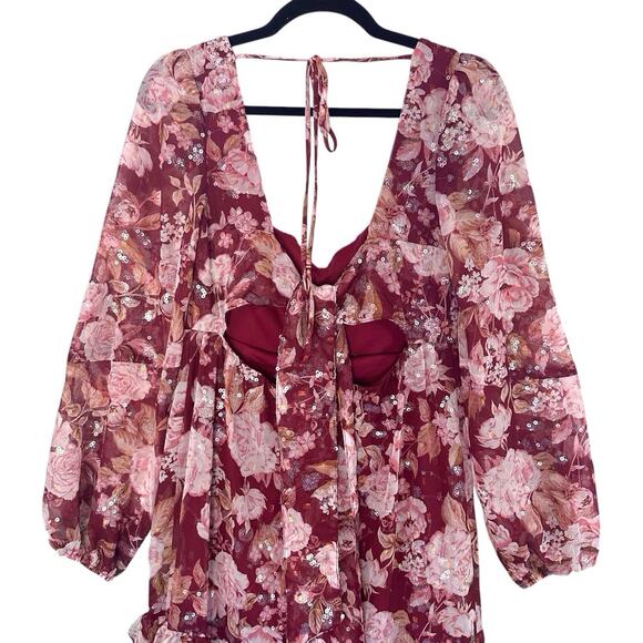 Altar’d State Womens‎ Burgundy Sequin Floral Maxi Dress Open Back Size Small - Picture 9 of 16